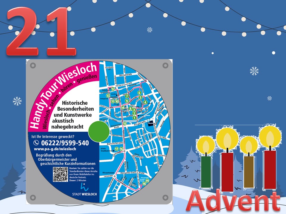 Dieser Alternativtext wurde KI-generiert: Ein Farbfoto zeigt eine Stadtkarte mit Beschriftungen und Illustrationen. Auf dem Bild sind außerdem Schneeflocken und weihnachtliche Dekorationen zu sehen.