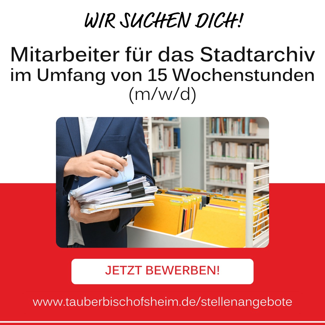 Dieser Alternativtext wurde KI-generiert: Ein farbiges Plakat bewirbt eine Stelle für das Stadtarchiv. Im Hintergrund ist ein Büro mit Regal gefüllt mit Ordnern zu sehen, davor eine Person mit Unterlagen.