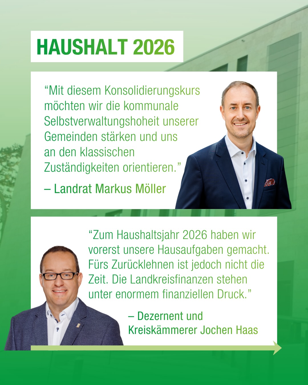 Dieser Alternativtext wurde KI-generiert: Ein farbiges Bild mit Text und zwei Personen in formeller Kleidung. Es zeigt eine grüne Fläche mit weissem Text und einem Foto von zwei Männern, darunter Zitate.