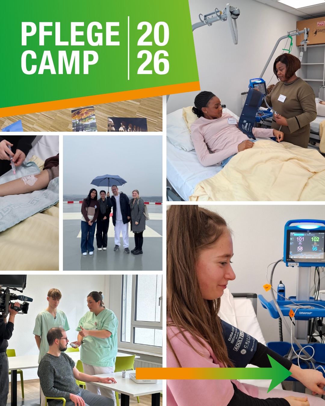 Dieser Alternativtext wurde KI-generiert: Collage aus mehreren Bildern, die verschiedene Aspekte der Gesundheitsversorgung und Ausbildung zeigen. Darunter sind medizinische Geräte, Personen in Pflegeumgebungen und Unterrichtsszenen zu sehen.