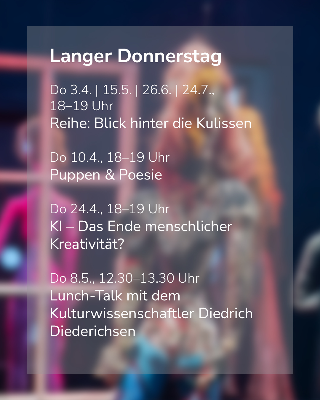 Veranstaltungskalender für den Langen Donnerstag mit verschiedenen Terminen und Themen.  Es werden Uhrzeiten und kurze Beschreibungen der Veranstaltungen angezeigt.