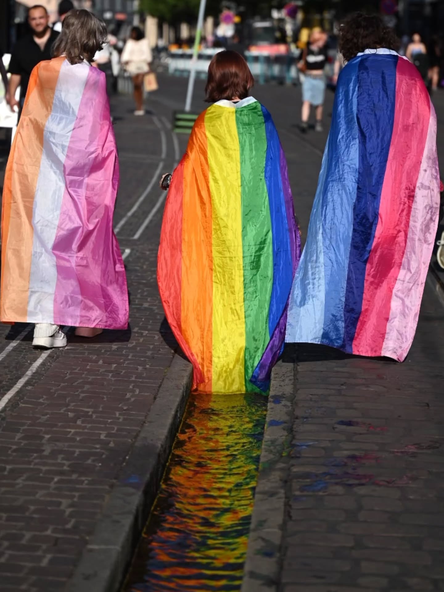 Drei Personen von hinten, jeweils mit einer Flagge als Umhang: links die Transgender-Flagge, in der Mitte die Regenbogenflagge, rechts die Bisexual-Flagge. Ihre Farben spiegeln sich im Wasser eines Straßenrinnsteins. (KI-Alternativtext)