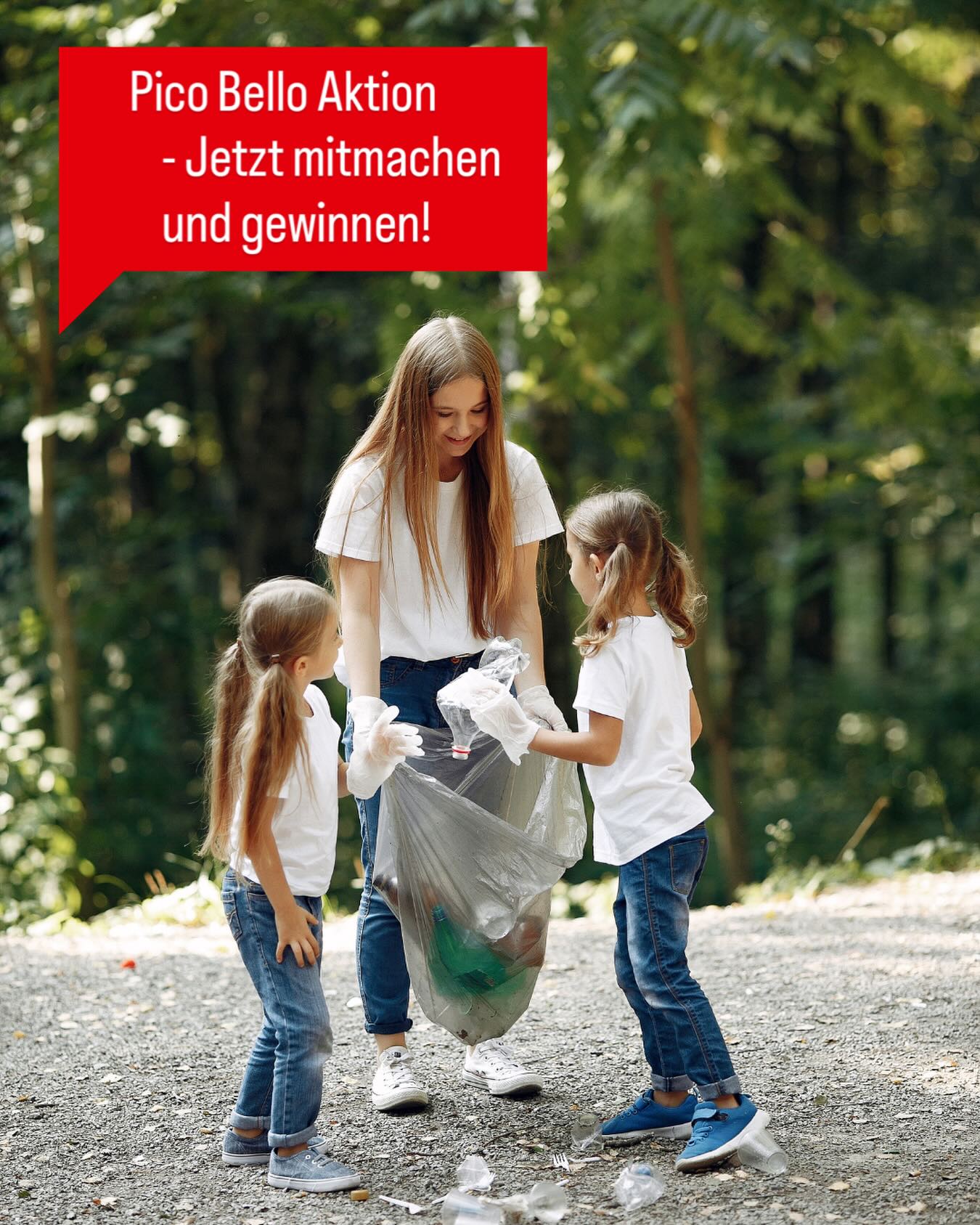 Dieser Alternativtext wurde KI-generiert: Ein farbiges Bild zeigt Personen, die in einer natürlichen Umgebung Müll aufsammeln. Ein roter Banner mit Text überlagert das Bild.