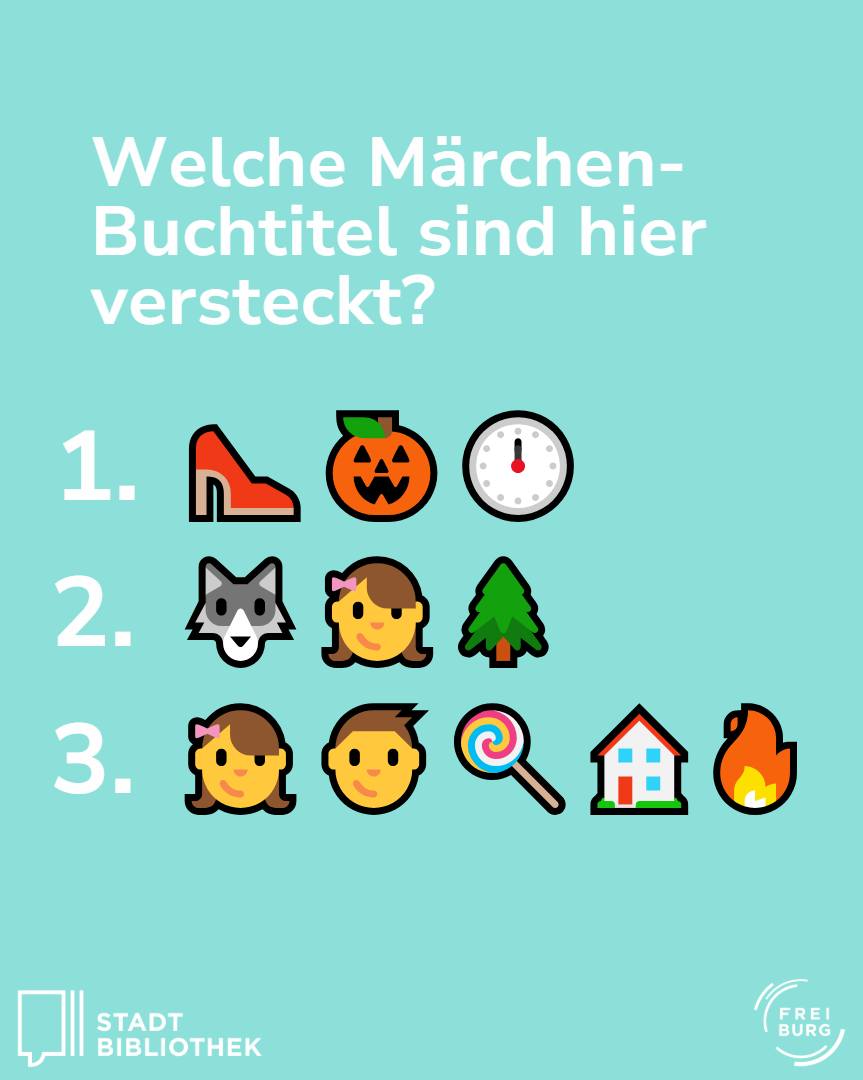 Dieser Alternativtext wurde KI-generiert: Ein helltürkisfarbener Hintergrund zeigt eine Frage zu versteckten Märchenbuchtiteln. Darunter sind drei Reihen mit verschiedenen Symbolen und Emojis zu sehen.