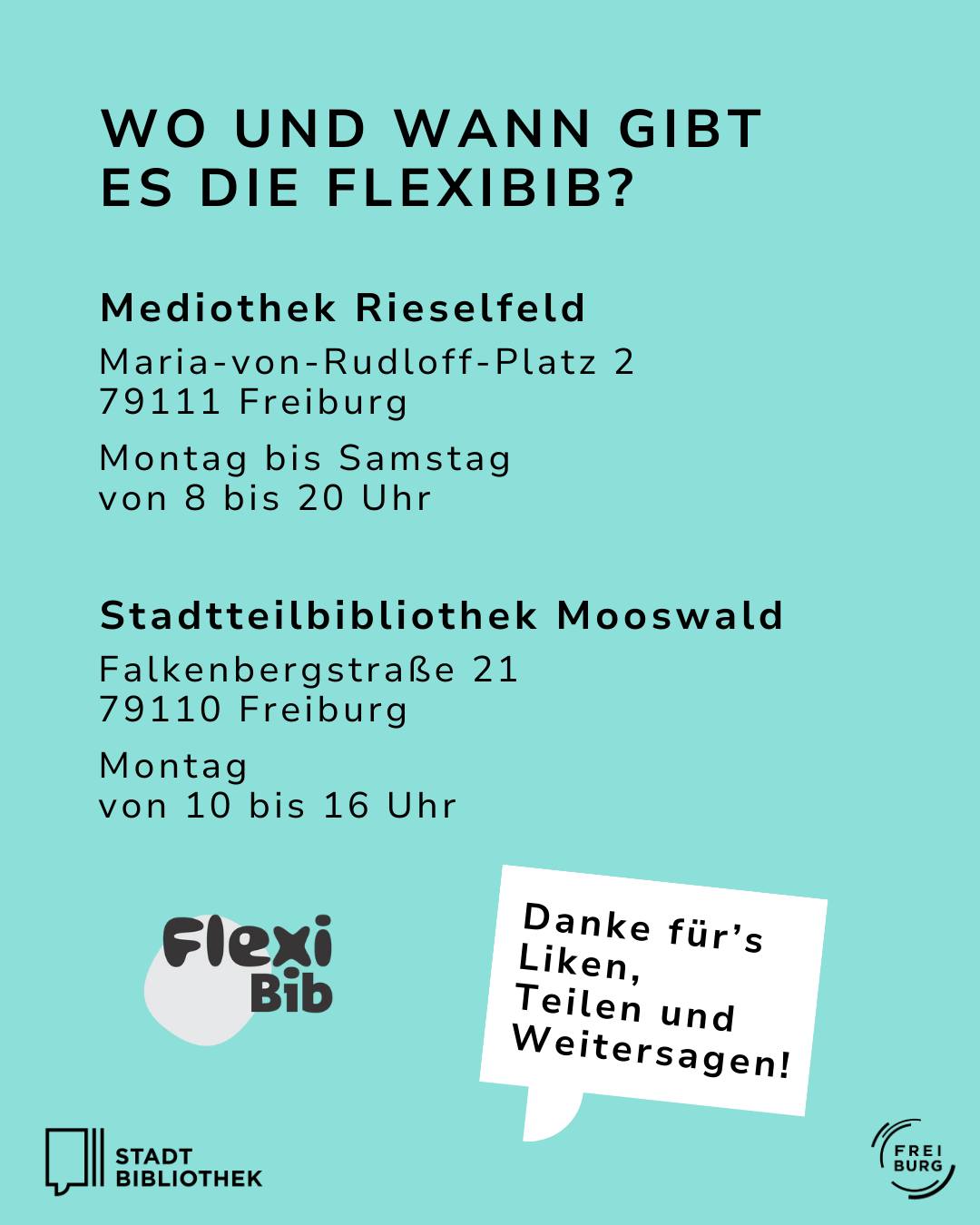 Dieser Alternativtext wurde KI-generiert: Ein farbiges Plakat informiert über die Öffnungszeiten zweier Bibliotheken sowie deren Adressen. Unten sind Logos und ein Dankeschön für das Teilen der Information zu sehen.