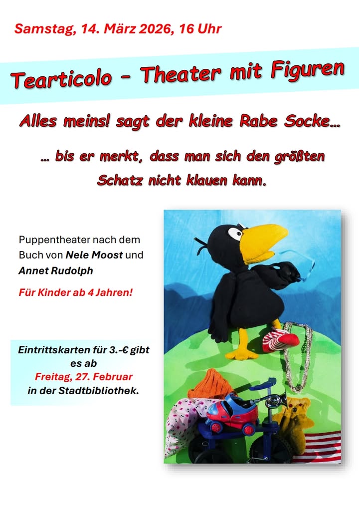 Dieser Alternativtext wurde KI-generiert: Werbeanzeige für eine Puppentheateraufführung. Das farbige Plakat zeigt ein Bild von einem Raben mit einem Schatz und Details zur Veranstaltung.