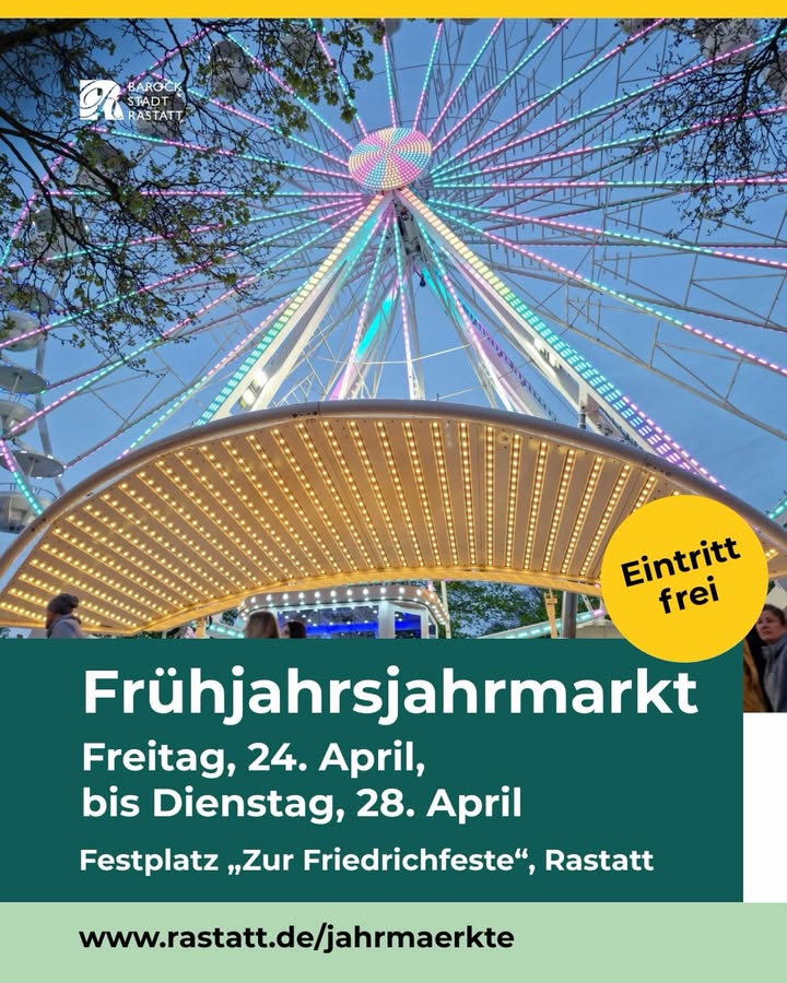 Dieser Alternativtext wurde KI-generiert: Ein beleuchtetes Riesenrad steht im Vordergrund eines Werbeplakats für einen Frühlingsmarkt. Text auf dem Plakat informiert über den Zeitraum und den Ort des Marktes.