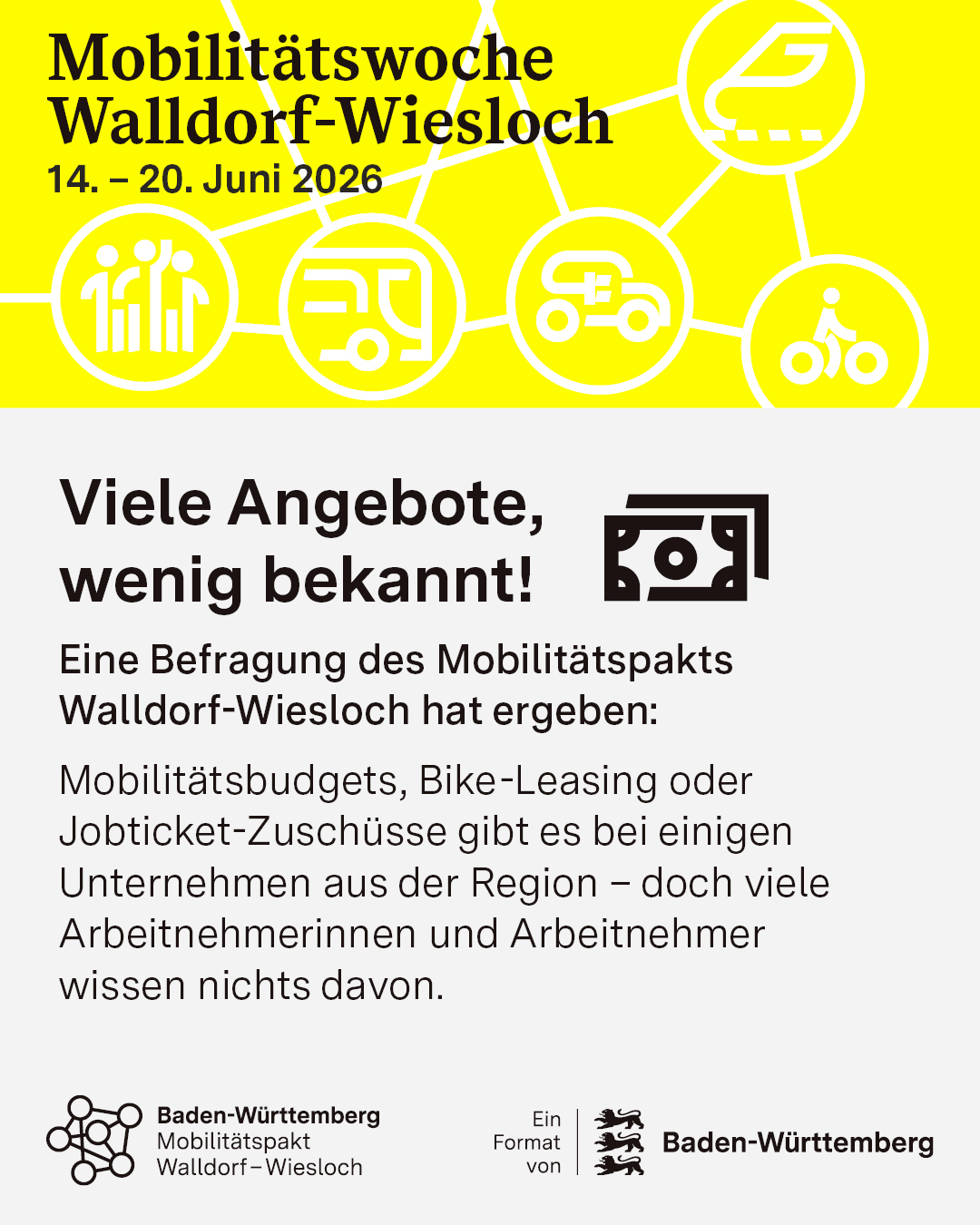 Plakat zur Mobilitätswoche Walldorf-Wiesloch vom 14. bis 20. Juni 2026 mit Symbolen für verschiedene Verkehrsmittel und Hinweis auf wenig bekannte Angebote wie Mobilitätsbudgets oder Jobticket-Zuschüsse. Unten Logos des Mobilitätspakts Walldorf-Wiesloch und Baden-Württemberg. (KI-Alternativtext)