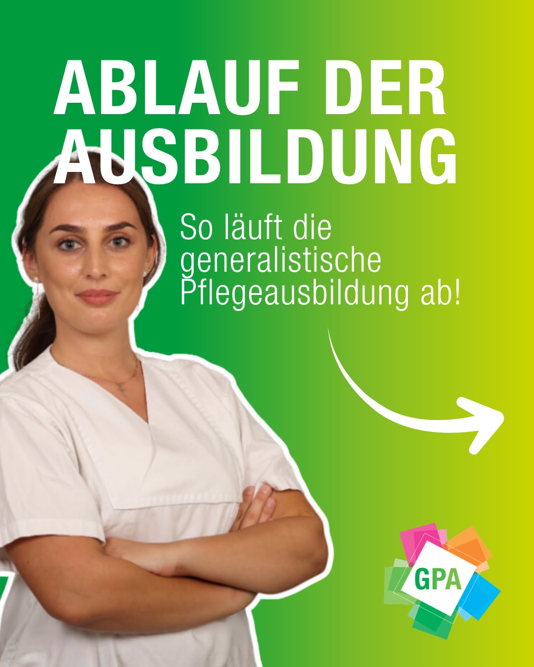 Dieser Alternativtext wurde KI-generiert: Ein farbiges Bild mit Text, der den Ablauf einer Ausbildung erklärt. Eine Person in medizinischer Kleidung ist zu sehen und deutet mit dem Arm nach rechts.