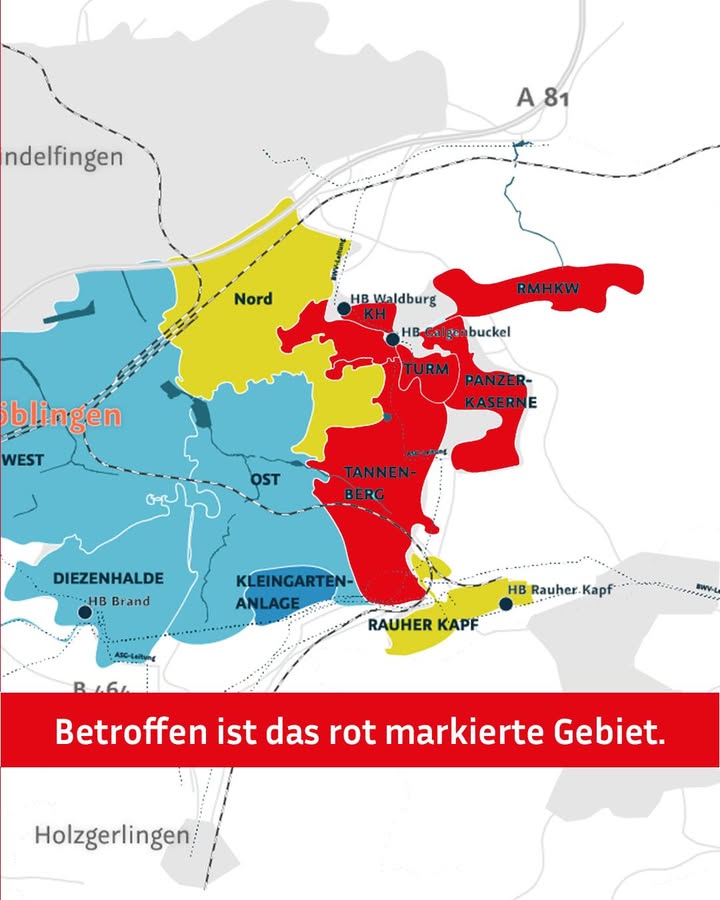 Dieser Alternativtext wurde KI-generiert: Eine farbige Karte zeigt ein geografisches Gebiet mit verschiedenen, markierten Abschnitten. Ein rotes Feld am unteren Bildrand weist den Text "Betroffen ist das rot markierte Gebiet" auf.