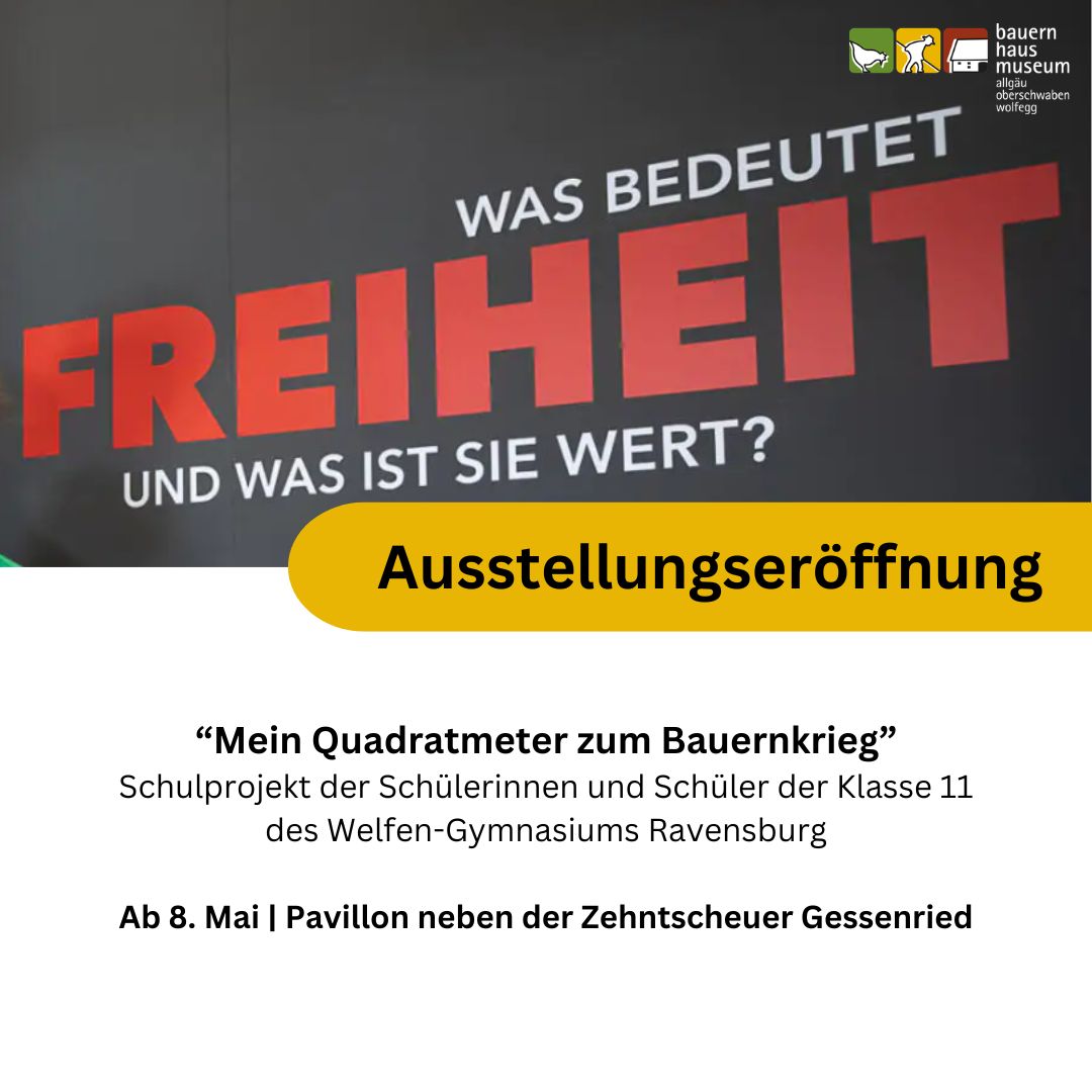 Dieser Alternativtext wurde KI-generiert: Ein farbiges Plakat kündigt eine Ausstellungseröffnung an. Der Titel lautet "Was bedeutet Freiheit und was ist sie wert?", darunter weitere Informationen zum Thema und Veranstaltungsort.