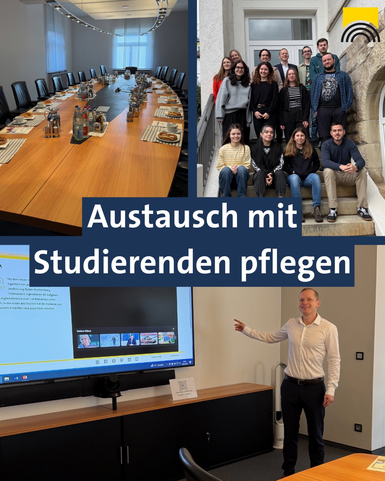 Dieser Alternativtext wurde KI-generiert: Eine Collage zeigt verschiedene Szenen eines Treffens oder einer Präsentation. Darunter sind Innenräume mit Menschen und Bildschirmen mit Präsentationen zu sehen.