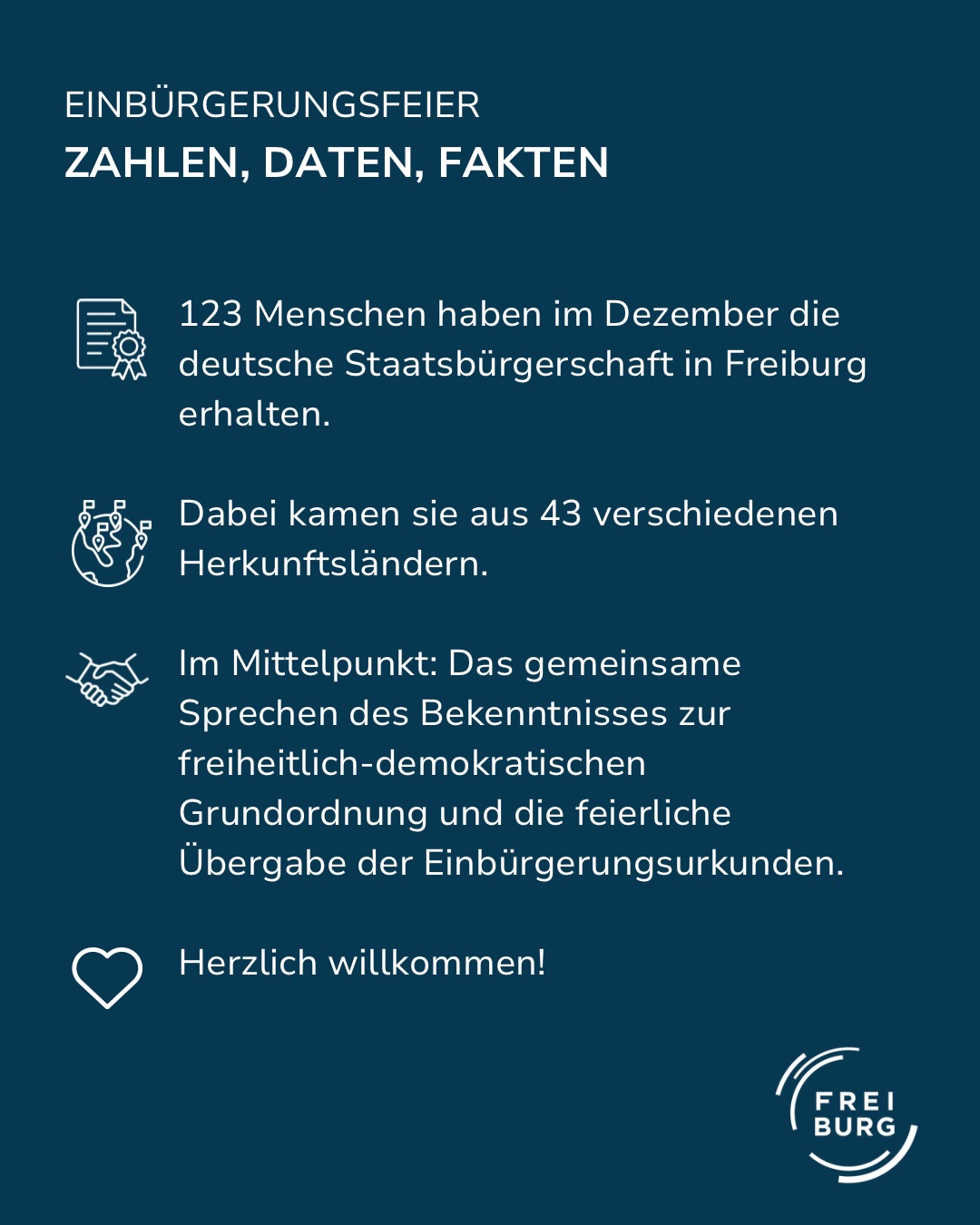 Dieser Alternativtext wurde KI-generiert: Ein blaues Bild mit Text und Icons. Es enthält Informationen über die Anzahl der Personen, die im Dezember die deutsche Staatsbürgerschaft erhalten haben und aus wie vielen Ländern sie stammen.