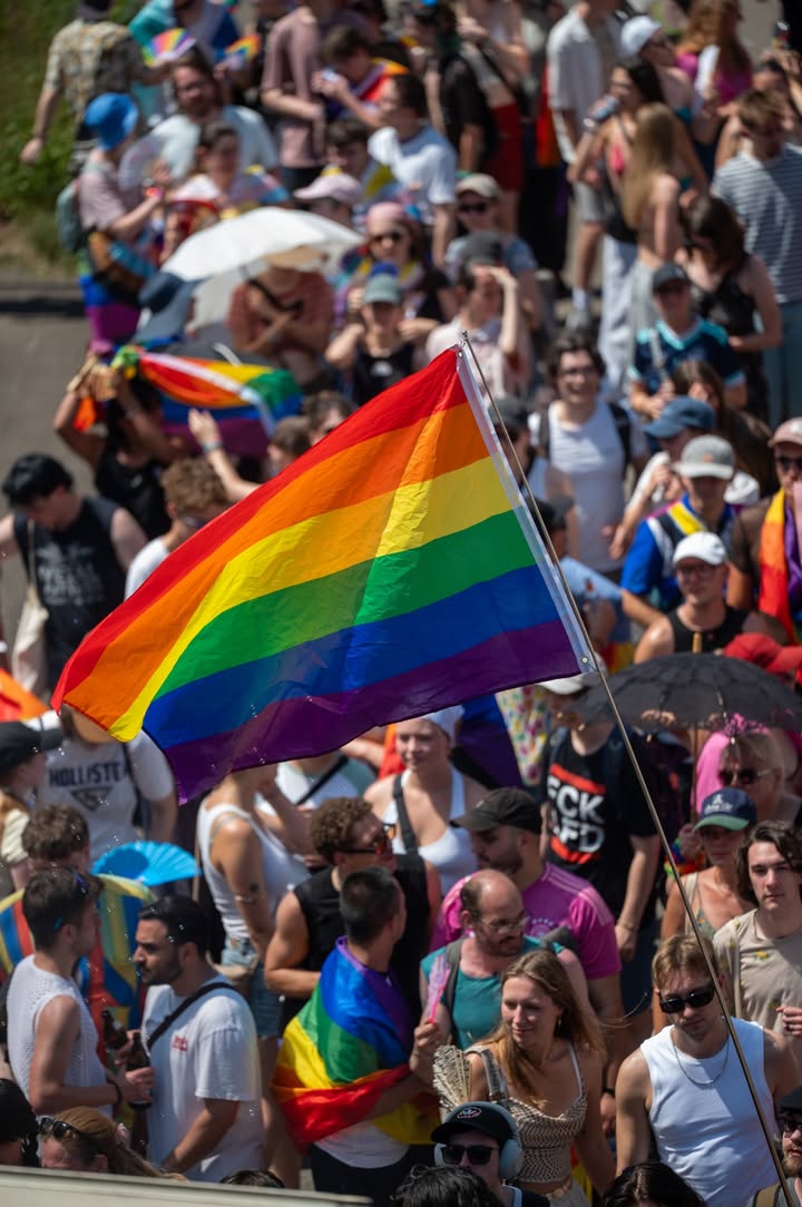 Eine Menschenmenge bei einer Demonstration oder Parade, viele halten Regenbogenflaggen. Im Vordergrund weht eine große Regenbogenflagge im Wind. (KI-Alternativtext)