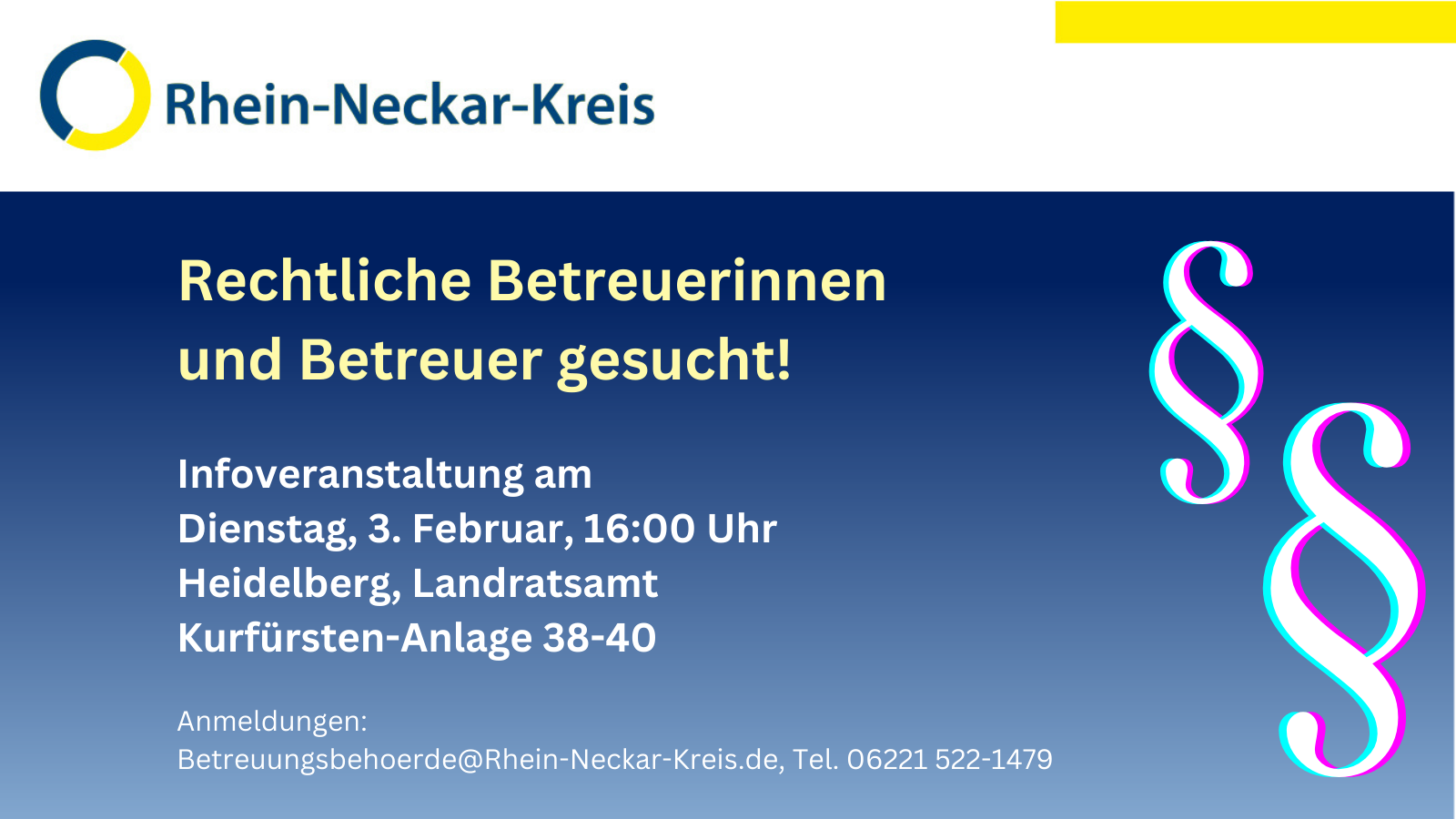 Dieser Alternativtext wurde KI-generiert: Ein farbiges Plakat mit Textinformationen zu einer Veranstaltung für rechtliche Betreuer:innen und Betreuer:innen. Es enthält Datum, Uhrzeit, Ort und Kontaktdaten für die Anmeldung.