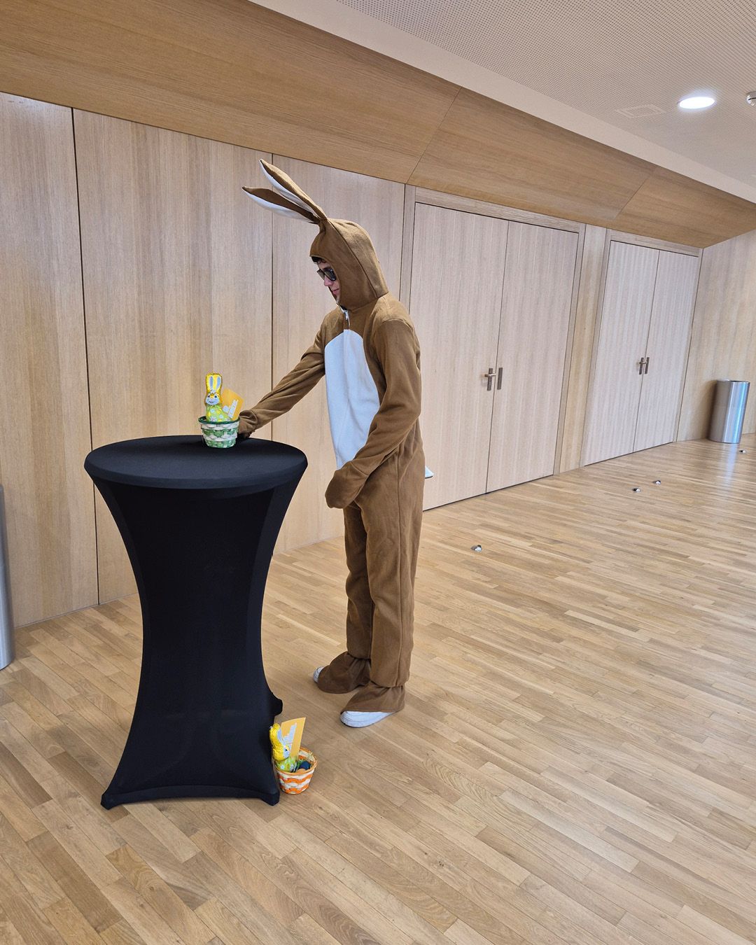Dieser Alternativtext wurde KI-generiert: Eine Person in einem Hasenkostüm steht neben einem Tisch mit Ostereiern und einem Korb. Der Raum hat helle Holzwände und einen Holzboden.