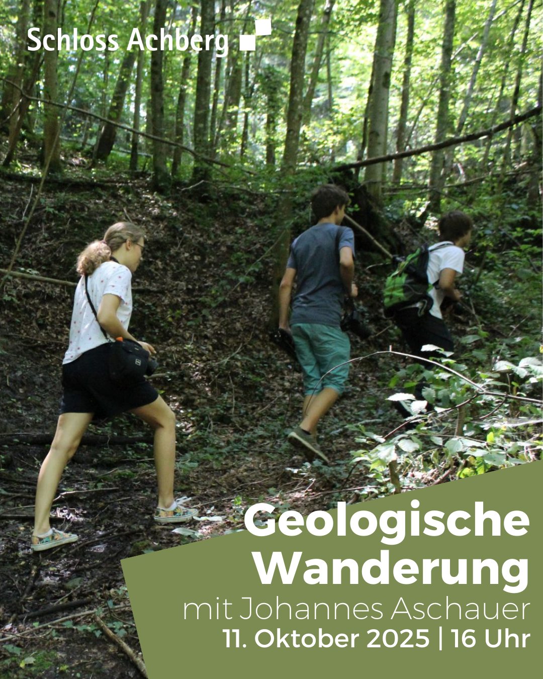 Dieser Alternativtext wurde KI-generiert: Ein bewaldeter Weg führt in die Ferne. Im Vordergrund gehen zwei Personen den Weg entlang, während ein Informationsbanner über eine geologische Wanderung wirbt.