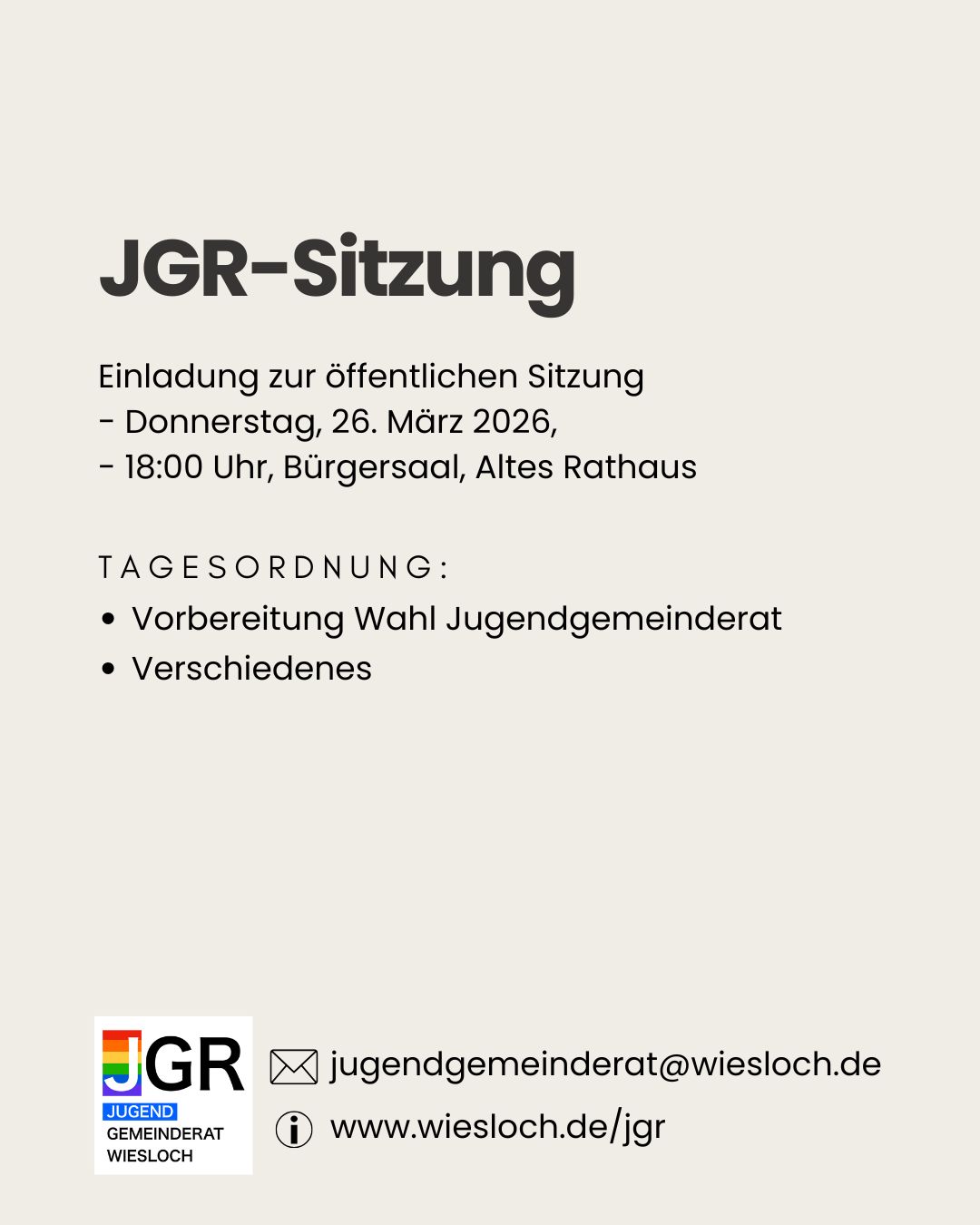 Dieser Alternativtext wurde KI-generiert: Einladung zu einer öffentlichen Sitzung mit Tagesordnungspunkten zum Jugendgemeinderat. Das Dokument enthält Datum, Uhrzeit, Ort und Kontaktinformationen.
