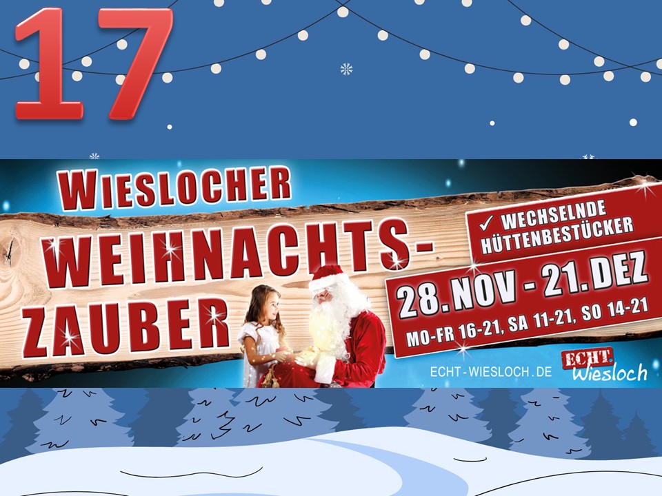 Dieser Alternativtext wurde KI-generiert: Ein Werbeplakat für eine Weihnachtsveranstaltung mit Schriftzügen und Dekorationen. Es zeigt ein winterliches Motiv mit Bäumen und Schnee.