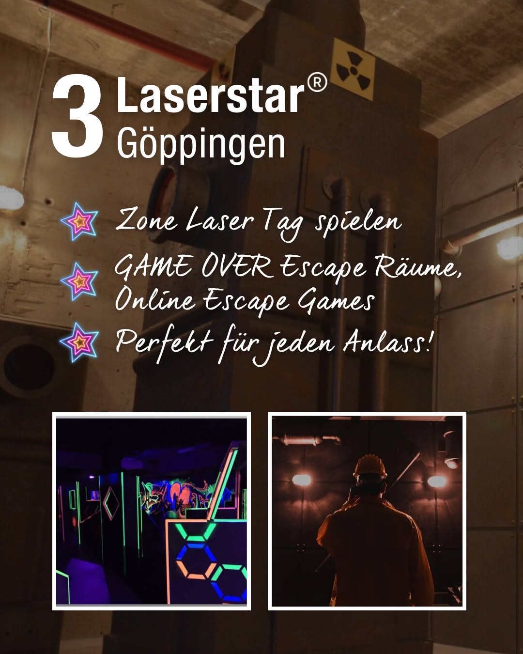 Dieser Alternativtext wurde KI-generiert: Werbung für Laser Tag und Escape Räume. Im Bild sind verschiedene Räume mit futuristischer Beleuchtung zu sehen.