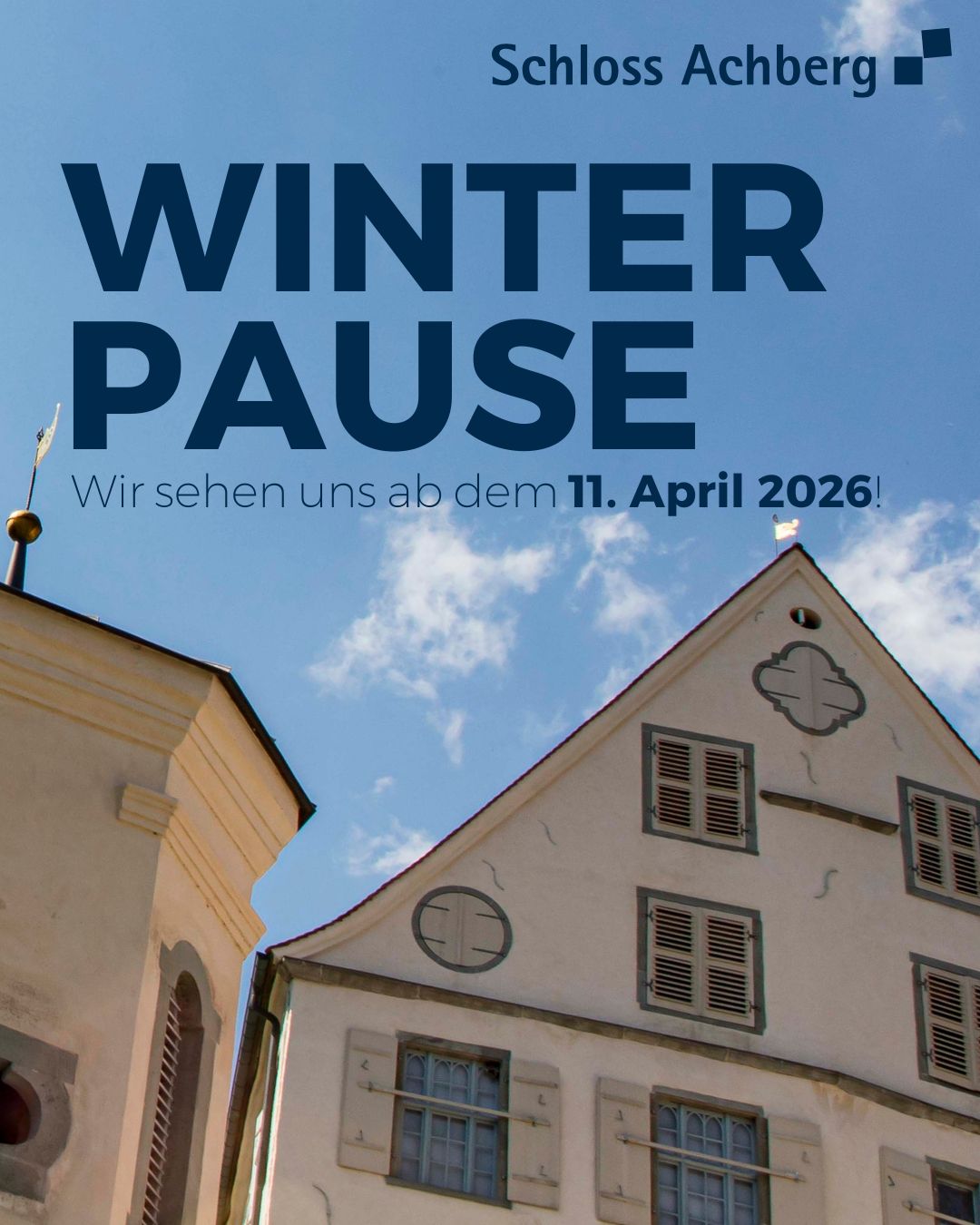 Dieser Alternativtext wurde KI-generiert: Ein farbiges Bild zeigt ein Gebäude mit dem Text "WINTER PAUSE". Der Text kündigt eine Wiedereröffnung ab dem 11. April 2026 an.