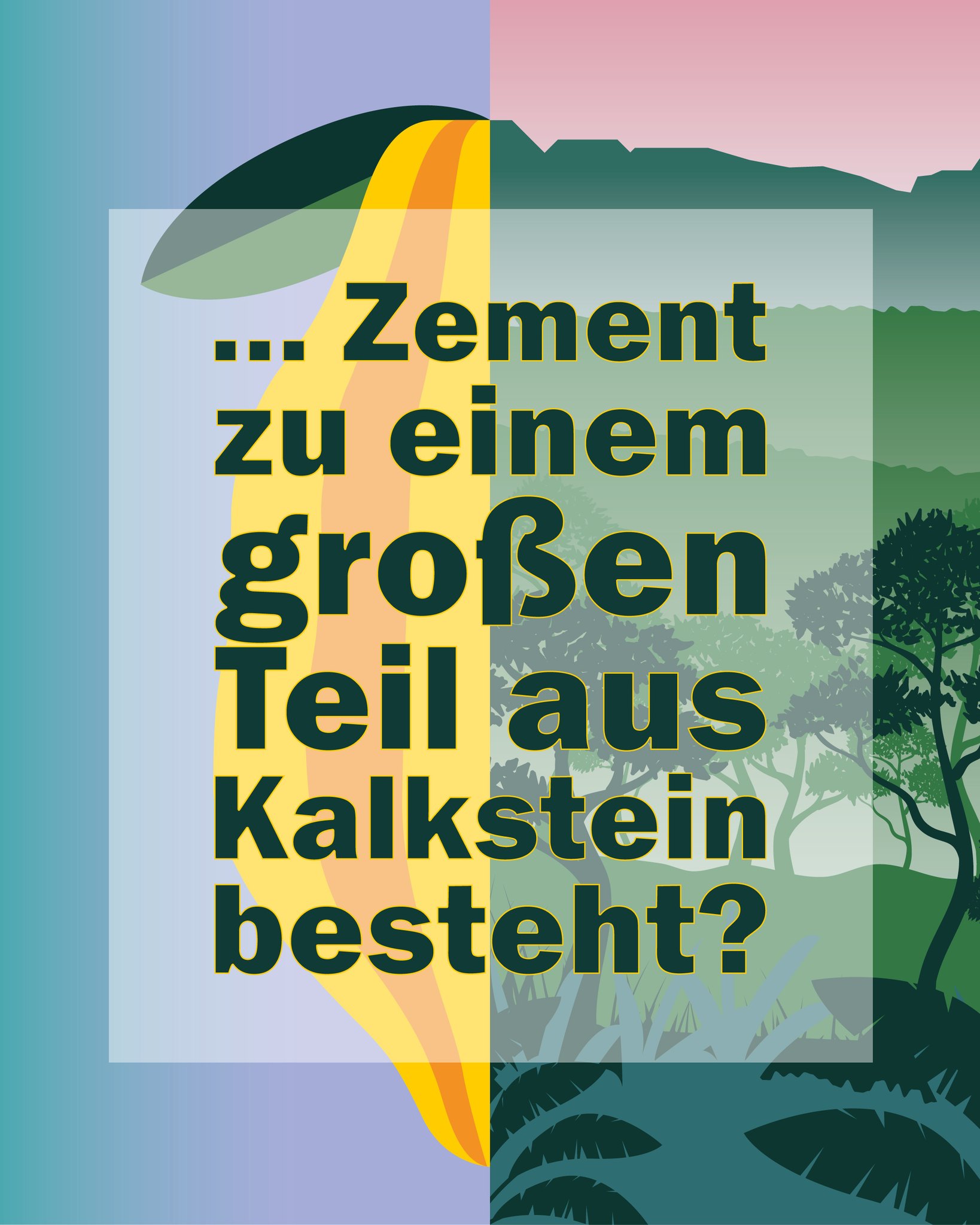 Text auf farbigem Hintergrund mit Landschaft: „… Zement zu einem großen Teil aus Kalkstein besteht?“ (KI-Alternativtext)