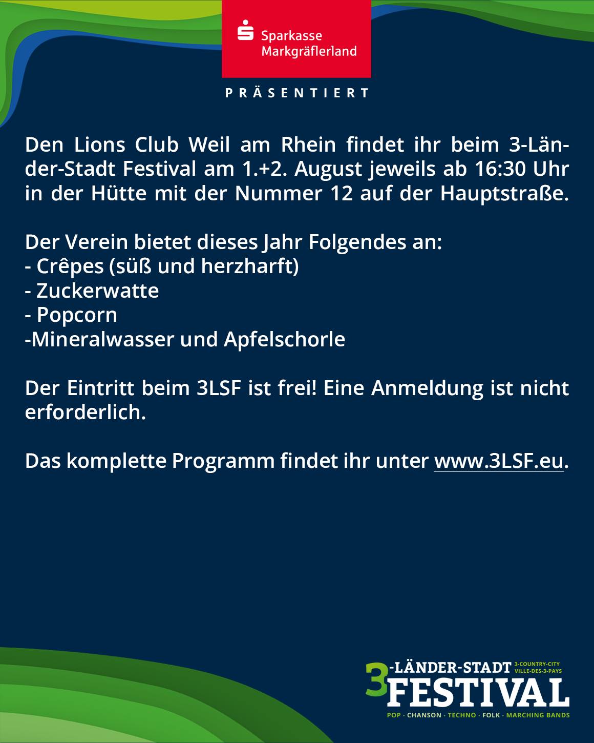 Ein Veranstaltungsplakat kündigt das 3-Länder-Stadt Festival an. Es beinhaltet Informationen über Ort, Datum, Uhrzeit und angebotene Speisen sowie eine zugehörige Webseite.