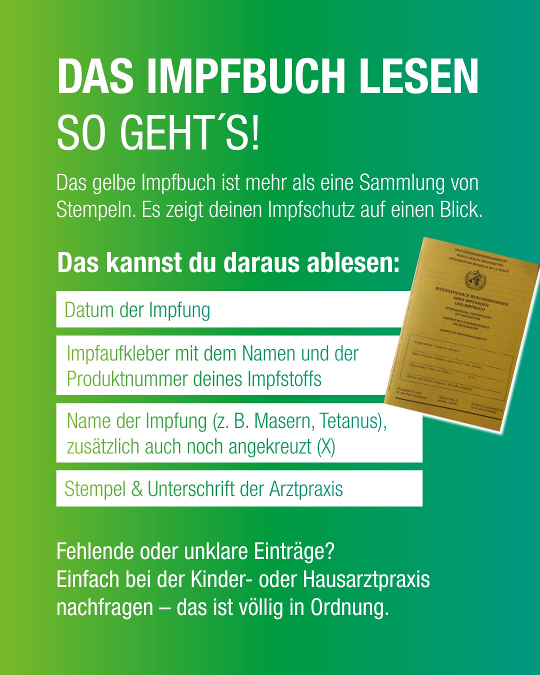 Dieser Alternativtext wurde KI-generiert: Ein farbiges Bild zeigt Text und Informationen zum Lesen eines Impfbuchs. Es werden Beispiele für Inhalte und fehlende Einträge genannt.