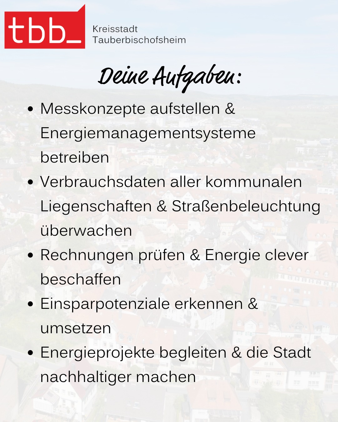 Dieser Alternativtext wurde KI-generiert: Schwarz-weißes Foto einer Stadtlandschaft im Hintergrund von Text. Der Text listet Aufgaben auf, die mit Energie und Nachhaltigkeit zu tun haben.