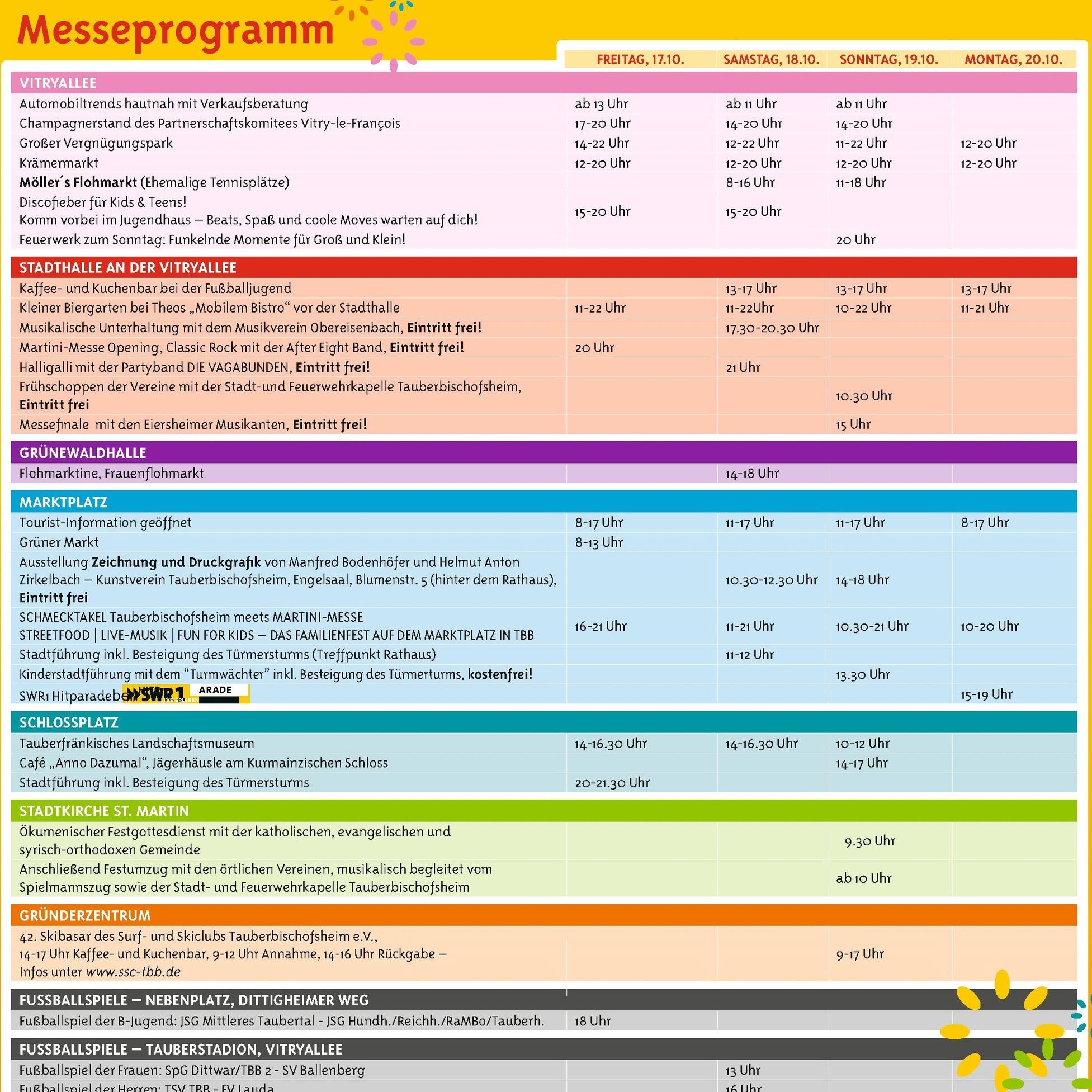 Dieser Alternativtext wurde KI-generiert: Schwarz-weißes Programmheft mit Zeitangaben und Veranstaltungsbeschreibungen. Das Dokument listet verschiedene Aktivitäten und Zeiten für mehrere Tage auf.