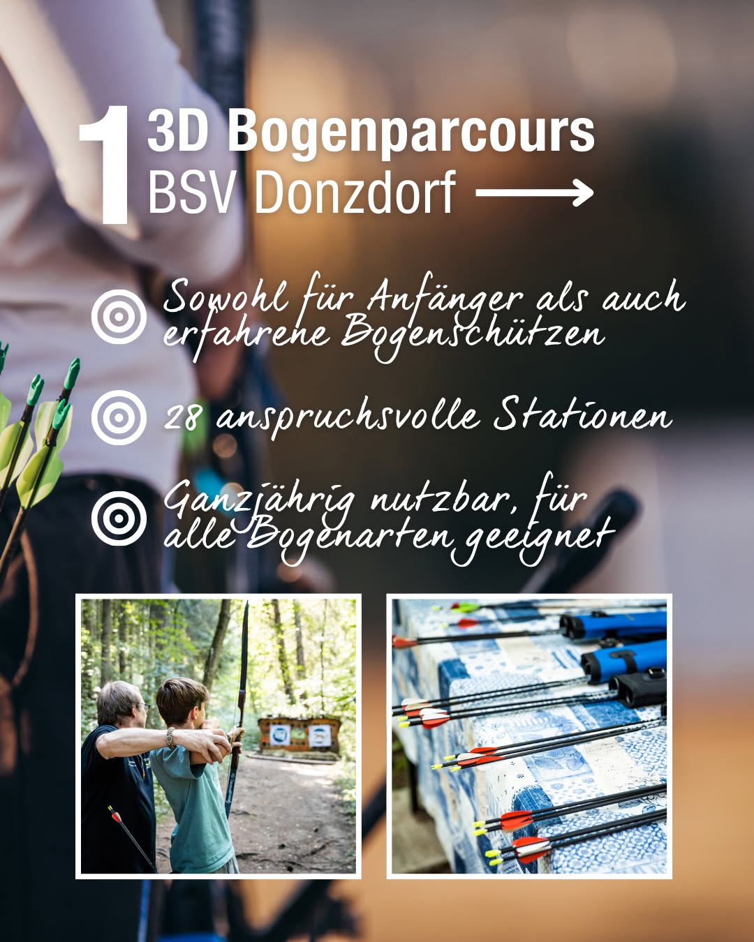 Dieser Alternativtext wurde KI-generiert: Ein farbiges Bild zeigt einen Bogenschießparcours mit mehreren Stationen und Pfeilen auf einer Zielscheibe.  Eine Person zielt mit einem Bogen auf eine Zielscheibe im Wald.