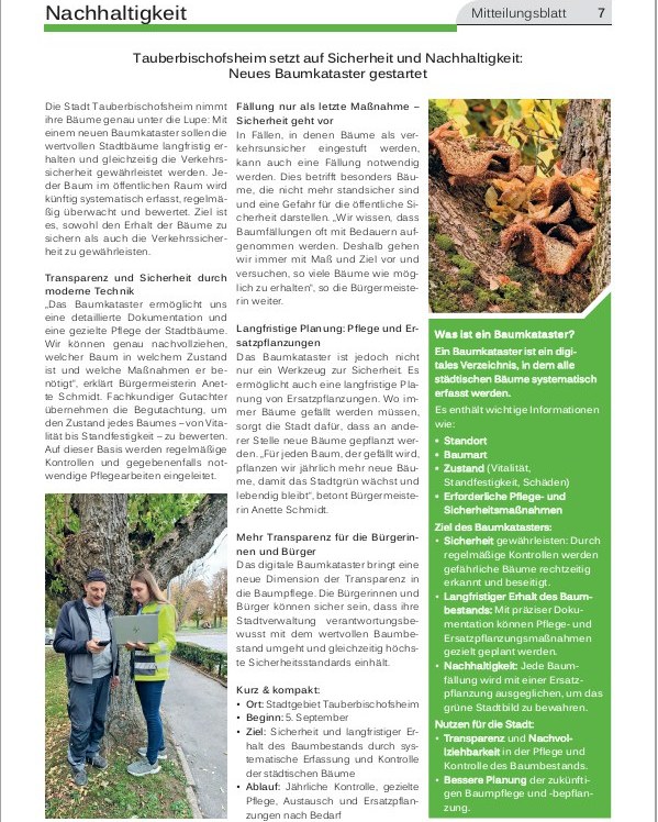 Dieser Alternativtext wurde KI-generiert: Schwarz-weißes Dokument mit Text über städtische Nachhaltigkeit und Baumkataster. Es enthält eine Liste mit Punkten zur Bewertung von Bäumen.