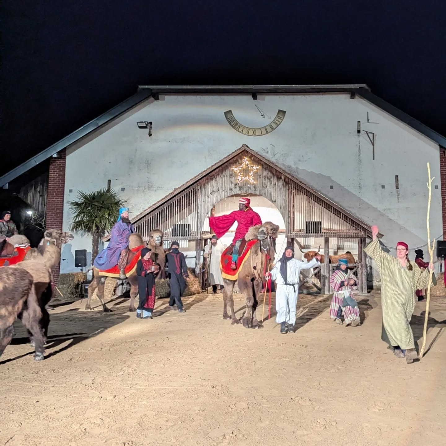 Dieser Alternativtext wurde KI-generiert: Eine nächtliche Szene zeigt eine Gruppe von Menschen und Tiere vor einem Gebäude. Eine große Uhr ist an der Fassade des Gebäudes angebracht und mehrere Personen tragen Kostüme.