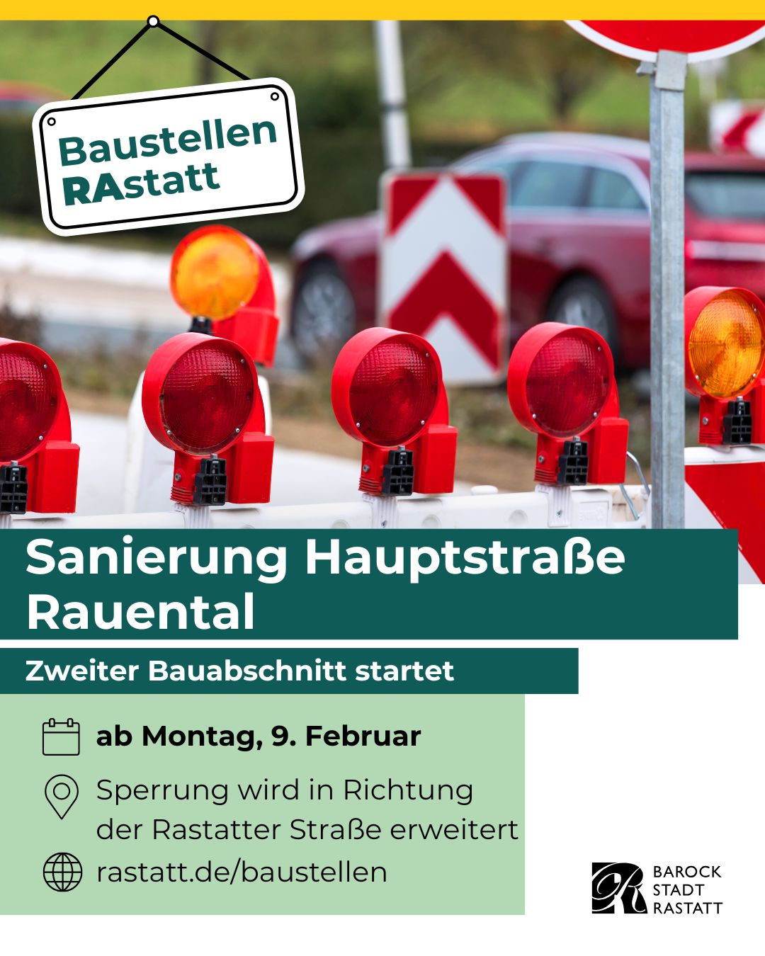 Dieser Alternativtext wurde KI-generiert: Schwarz-weißes Werbeplakat mit roten Ampeln und Hinweisschildern für eine Baustelle und Straßensperrung. Das Plakat enthält Textinformationen zu Beginn der Bauarbeiten und der Sperrung.