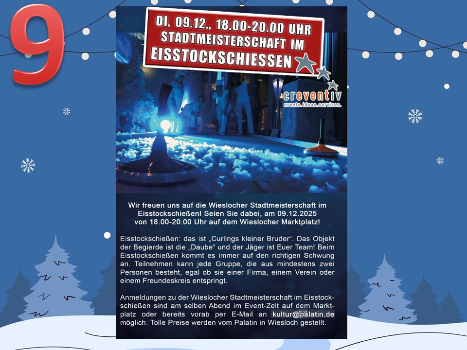 Dieser Alternativtext wurde KI-generiert: Ein Werbeplakat mit Informationen zu einem Eisstockschießen am Wieslocher Marktplatz. Das Plakat ist farbig und mit Schneeflocken dekoriert.