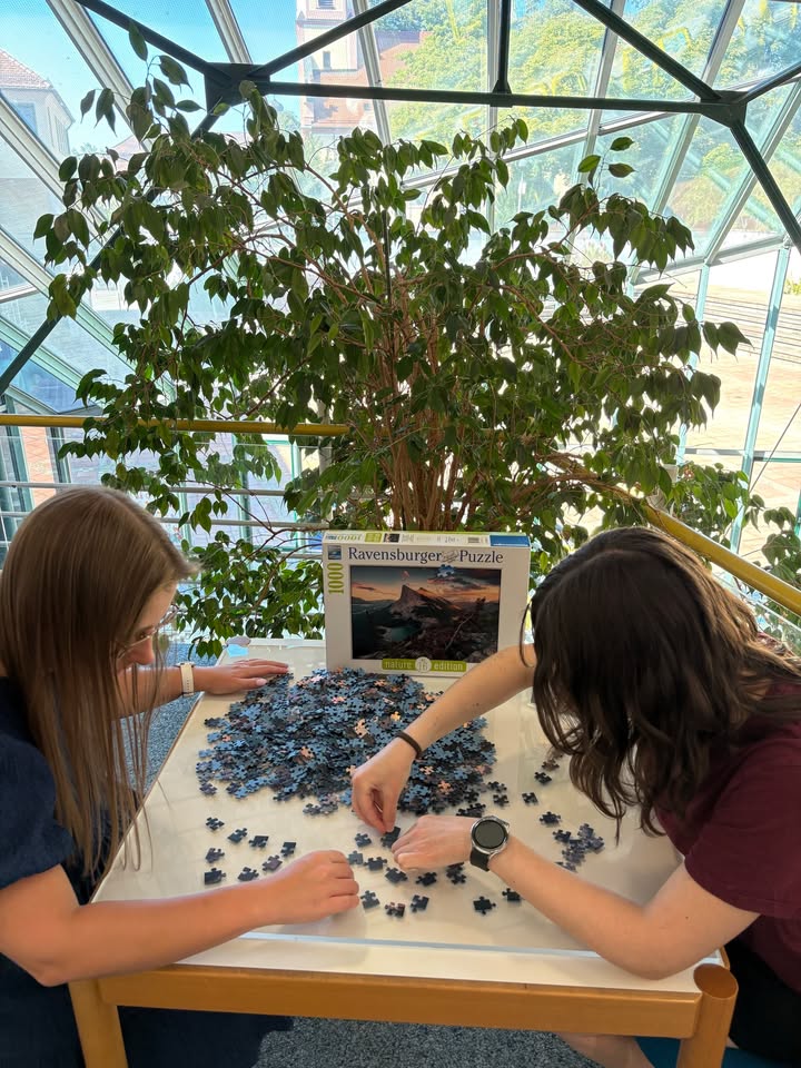 Zwei Personen sitzen an einem Tisch und arbeiten an einem Puzzle, dessen dunkle Teile verstreut liegen. In der Mitte steht die Box des Ravensburger Puzzles mit der Aufschrift „1000“. Der Raum ist hell und verfügt über ein Glasdach sowie eine große Zimmerpflanze im Hintergrund. (KI-Alternativtext)