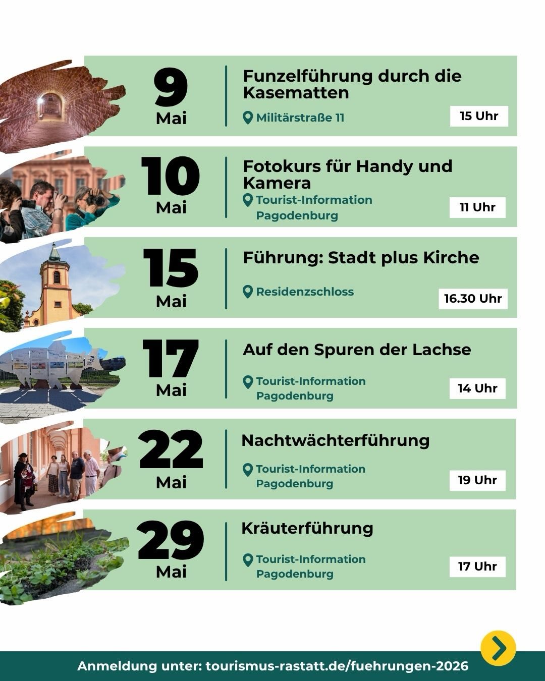 Dieser Alternativtext wurde KI-generiert: Farbiger Veranstaltungskalender für Mai mit verschiedenen Terminen und Uhrzeiten für Stadtführungen und Fotokurse. Der Kalender enthält Fotos, die die jeweiligen Veranstaltungen illustrieren.