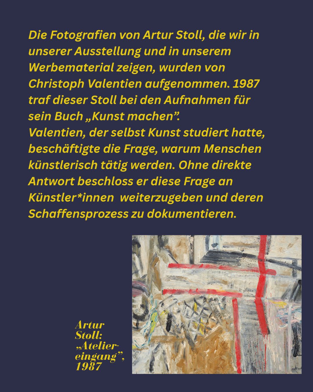 Dieser Alternativtext wurde KI-generiert: Schwarz-Weiß-Fotografie eines abstrakten Kunstwerks. Unterhalb des Bildes befindet sich ein Text mit dem Titel "Atelier-Eingang, 1987".