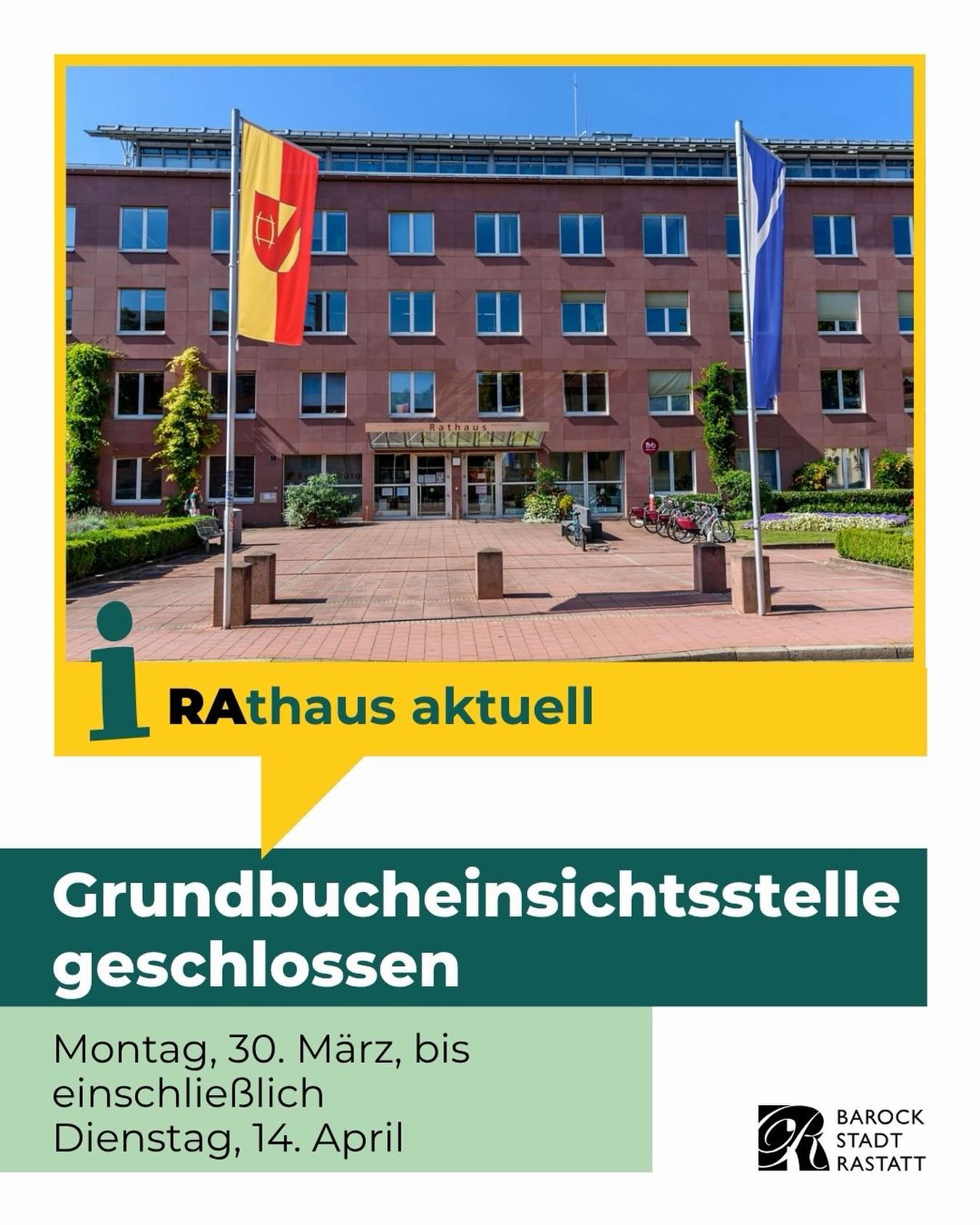 Dieser Alternativtext wurde KI-generiert: Ein Gebäude mit vielen Fenstern und einem roten und blauen Banner. Ein Informationsschild mit Text weist auf eine Schließung hin.