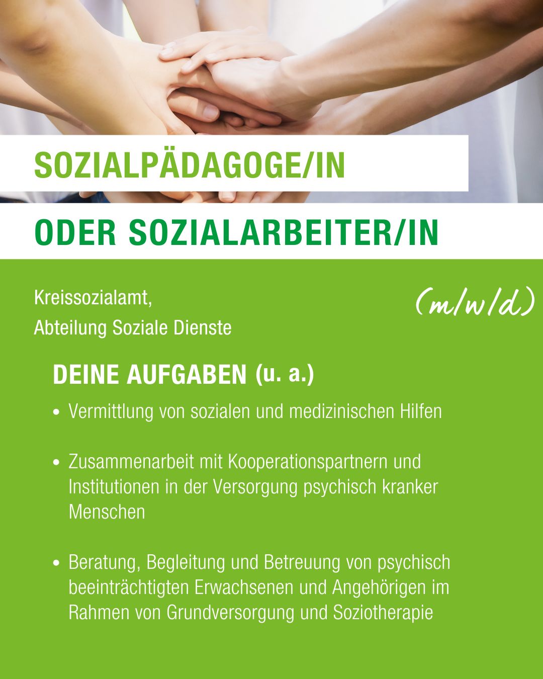 Dieser Alternativtext wurde KI-generiert: Ein Informationsblatt mit grünem Hintergrund und weißem Text. Es enthält eine Stellenanzeige mit Aufgabenbeschreibungen im Bereich Sozialpädagogik/Sozialarbeit.