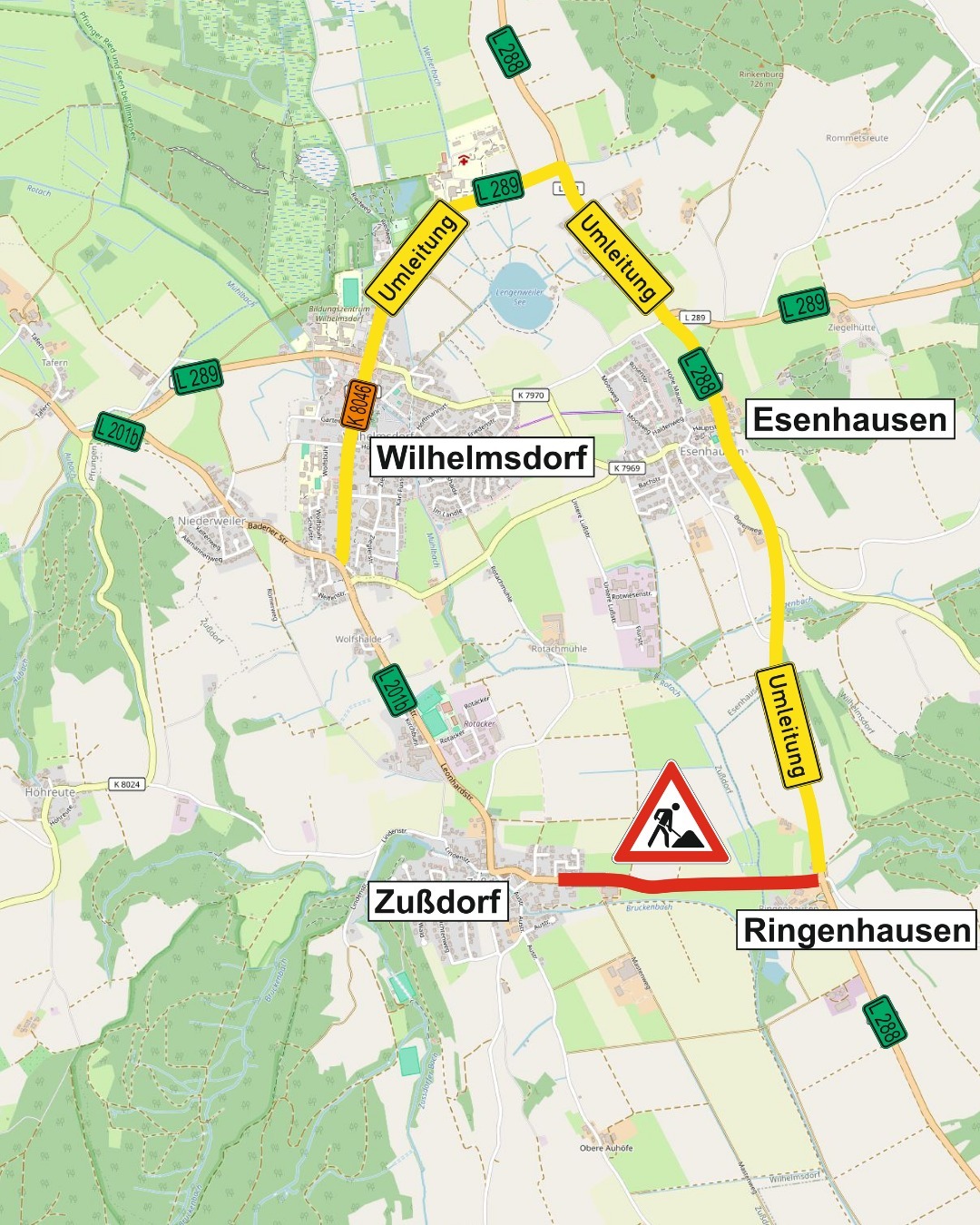 Der Verkehr der L 201b in Richtung Horgenzell wird ab Wilhelmsdorf über die K 8046 und L 289 zur Landesstraße L 288 geführt und von dort weiter über Esenhausen nach Ringenhausen und umgekehrt.
