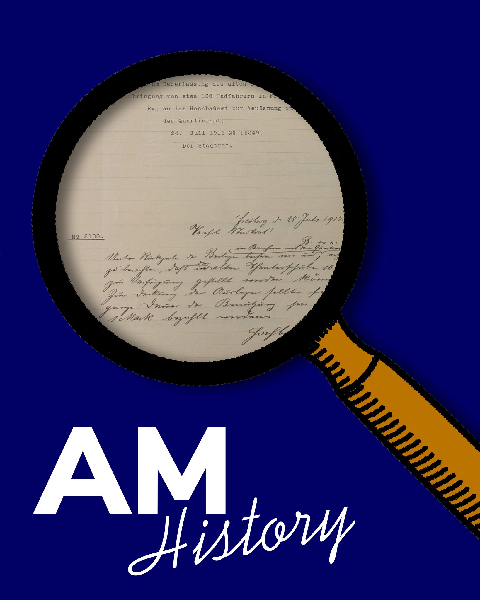 Dieser Alternativtext wurde KI-generiert: Schwarz-weißes Dokument unter einer Lupe, mit dem Textfragment "AM History" im Vordergrund.  Das Bild wirkt wie ein historisches Dokument oder eine Anzeige.