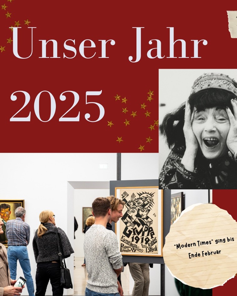 Dieser Alternativtext wurde KI-generiert: Schwarz-weißes Collage-Bild zeigt Text, ein Porträt und Kunstwerke in einer Galerie. Das Bild hat einen roten Hintergrund mit goldenen Sternen.