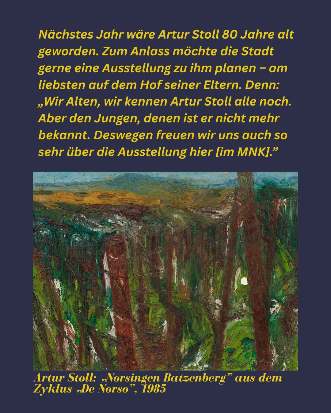 Dieser Alternativtext wurde KI-generiert: Farbiger abstrakter Gemälde mit leuchtenden Farben. Unten Titel und Jahreszahl des Kunstwerks in schwarzer Schrift auf weißem Hintergrund.