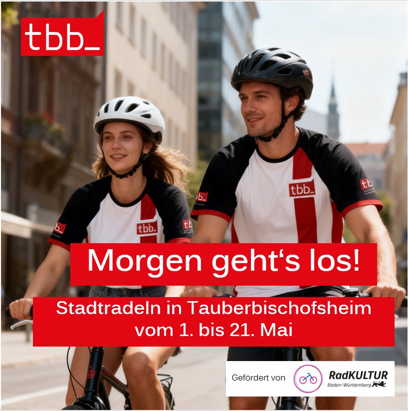 Dieser Alternativtext wurde KI-generiert: Zwei Personen mit Fahrrädern und Helm, bekleidet mit roten und weißen Sportshirts mit Logo. Im Bild steht ein Werbetext für eine Fahrradaktion im Mai.
