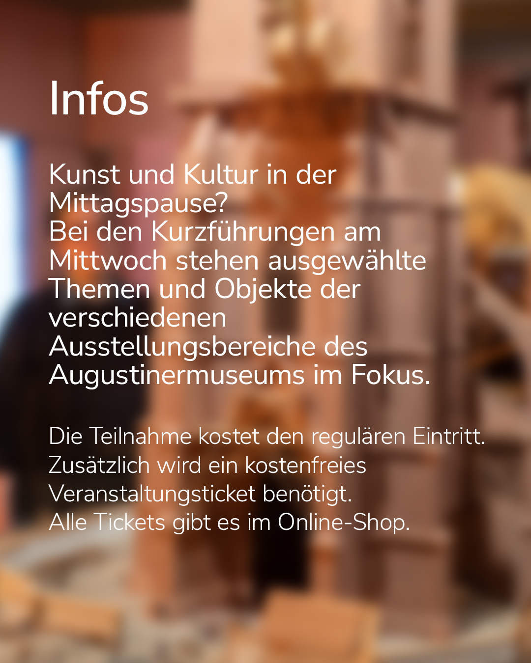 Dieser Alternativtext wurde KI-generiert: Ein Textbild in Sepiatönen mit Informationen über Kunst- und Kulturangebote während der Mittagspause. Es werden Kurzführungen mit wechselnden Themen in einem Museum angekündigt.