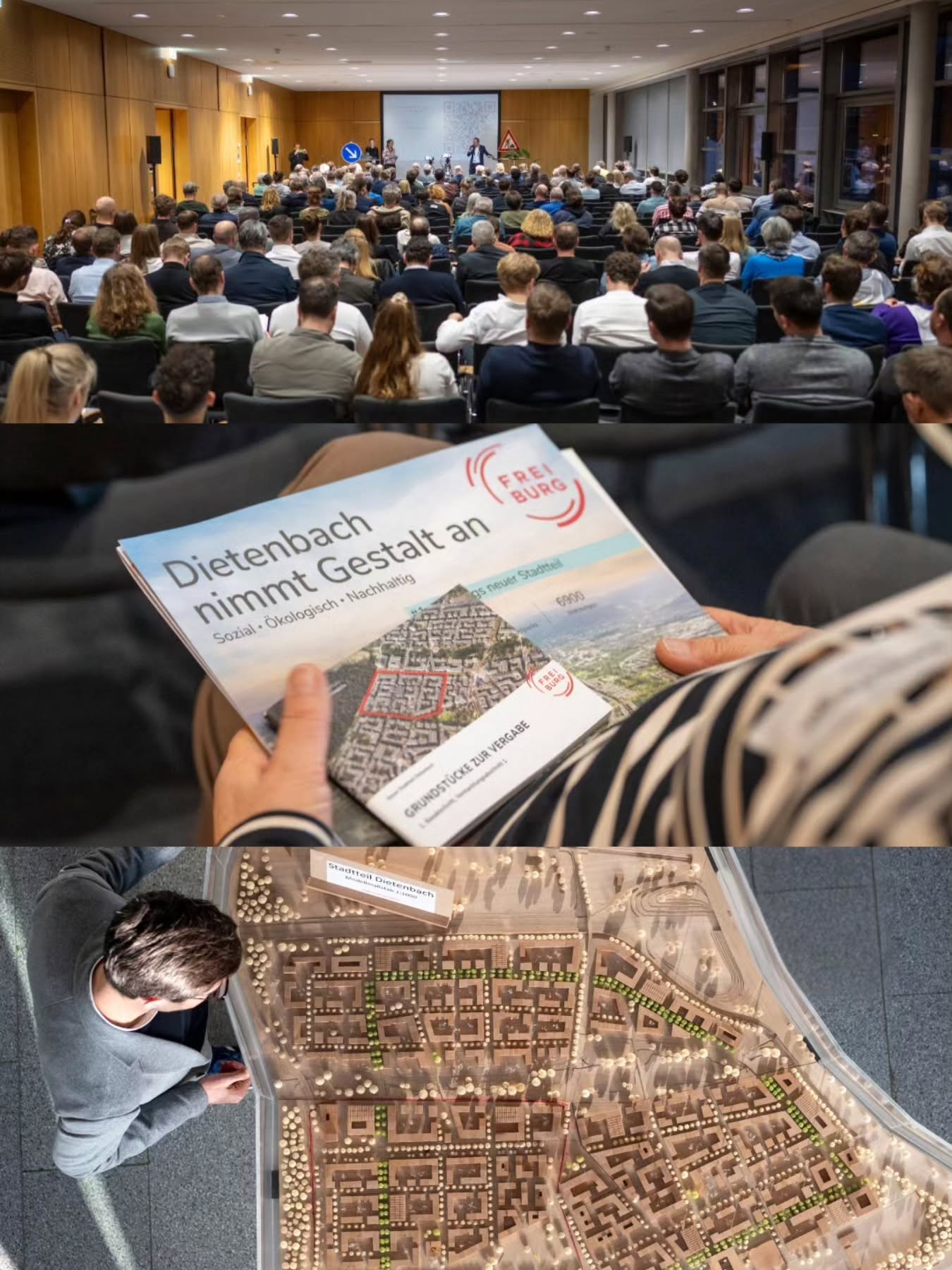 Dieser Alternativtext wurde KI-generiert: Eine Aufnahme zeigt ein Publikum in einem großen Raum, vor dem ein Tisch mit einem Buch und einem Stadtplan steht. Unterhalb davon ist eine Detailaufnahme von jemandem, der den Stadtplan betrachtet.