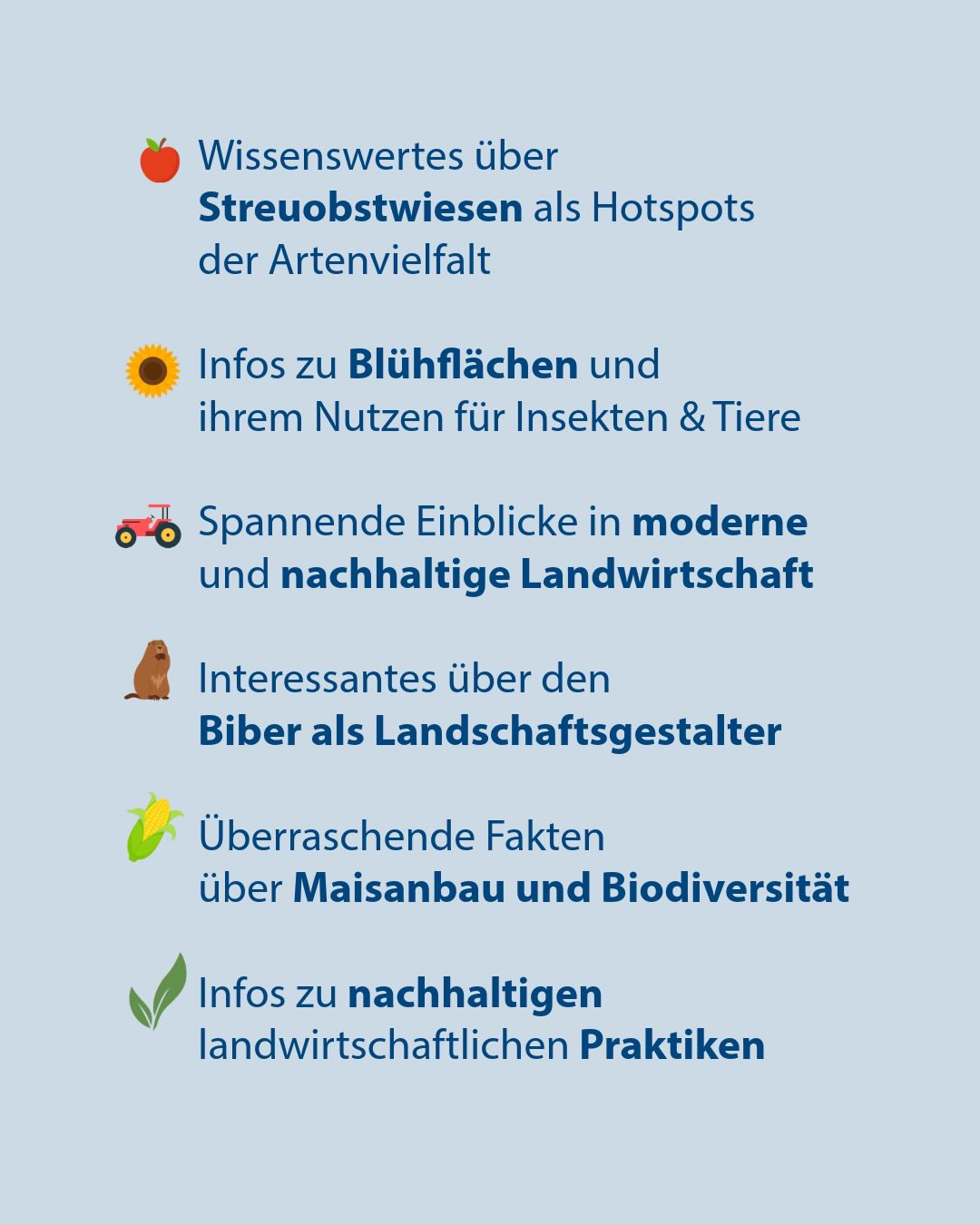 Aufgelistet sind sechs Themen mit passenden Symbolen: Streuobstwiesen als Artenvielfalt-Hotspots, Blühflächen für Insekten und Tiere, moderne und nachhaltige Landwirtschaft, Biber als Landschaftsgestalter, Maisanbau und Biodiversität sowie nachhaltige landwirtschaftliche Praktiken. (KI-Alternativtext)
