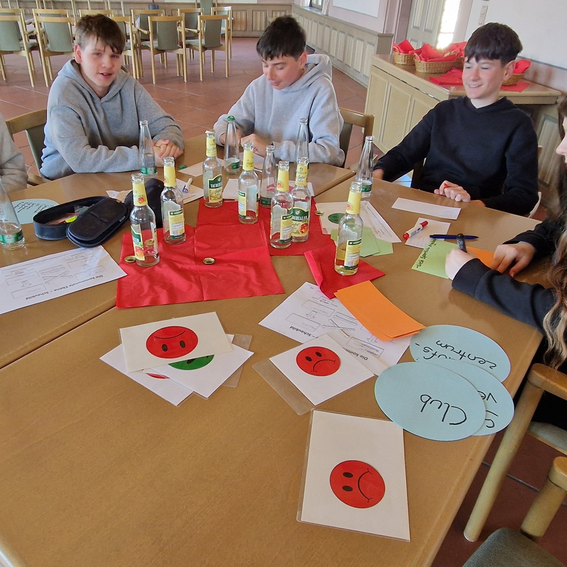 Mehrere Personen sitzen an einem Tisch mit leeren Getränkeflaschen, Papieren und Karten mit Smiley-Gesichtern sowie beschrifteten Kreisen. Sie scheinen an einer Gruppenaktivität oder Diskussion teilzunehmen. Im Hintergrund sind weitere Stühle und Tische in einem hellen Raum zu sehen. (KI-Alternativtext)