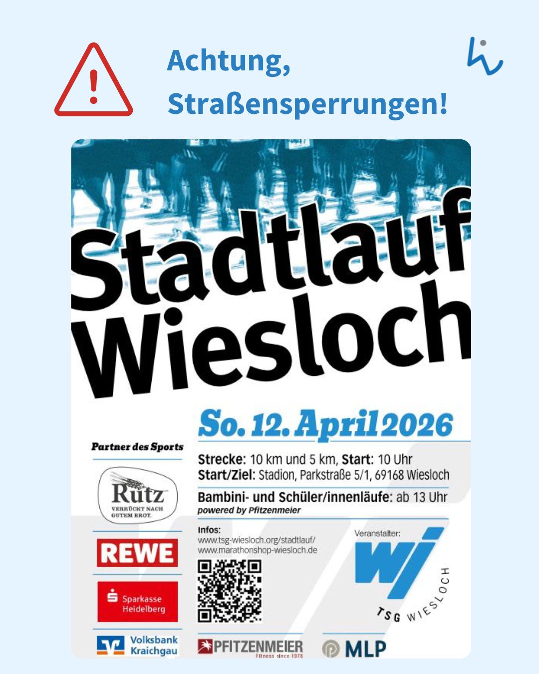 Dieser Alternativtext wurde KI-generiert: Schwarz-weißes Plakat für einen Stadtlauf am 12. April 2026 in Wiesloch, das Informationen zu Strecke, Startzeit und Sponsoren enthält.